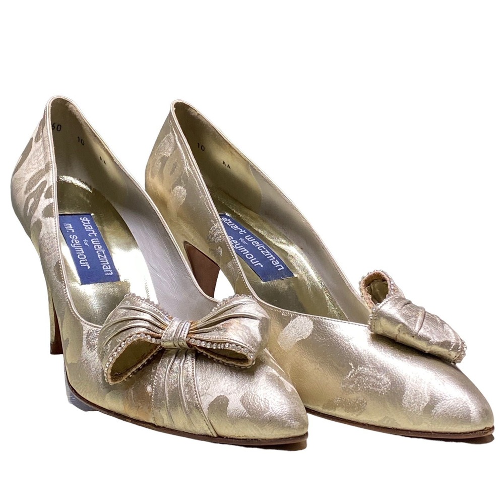 Stuart Weitzman for Mr.Seymour Gold Bow Gem Women's Vintage Heels Size 10AA READ
